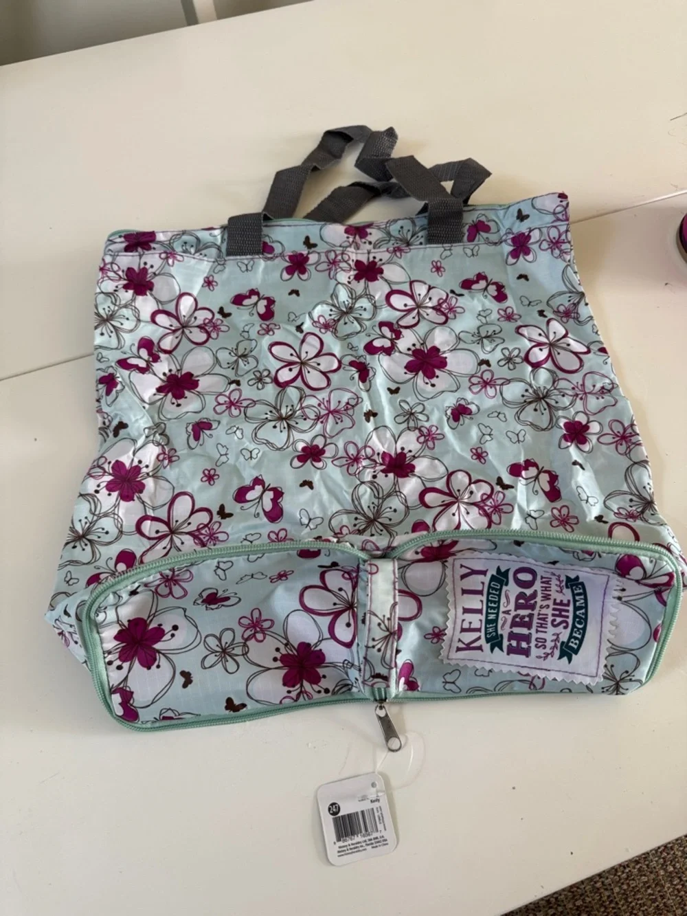 Kelly Floral Mint and Magenta Packable Tote Bag
